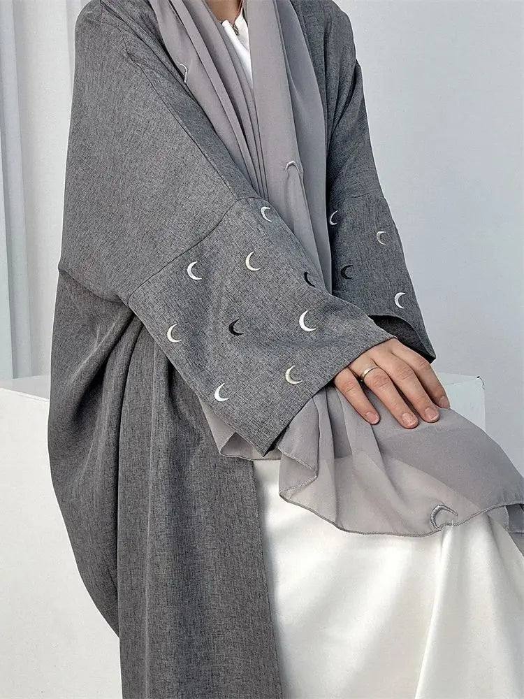 Moon Embroidery Open Abaya 2024 New Luxury Kimono Coat Hijab Muslim Sets for Women Islam Retro Modest Clothing for Party Kebaya