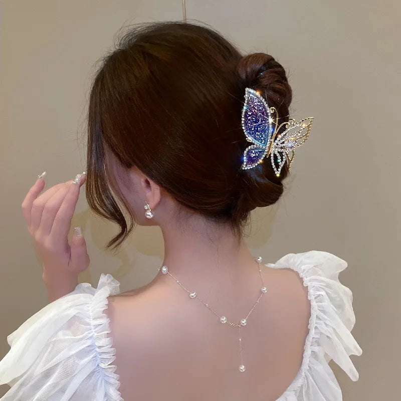 Elegant Look New Women's Crystal Butterfly Fashion Alloy Claw Clip Light Luxury Bright Diamond Girl Back Spoon Shark Clip Hair Accessories