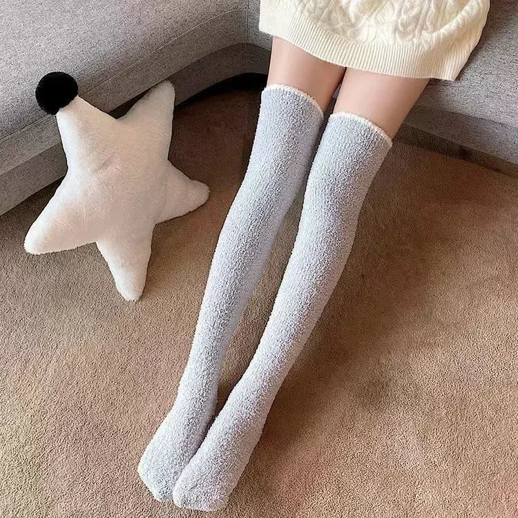 Stockings 
New Soft Coral Fleece Stockings Women Winter Solid Color Warm Thigh High Stockings Home Keep Warm Over Knee High Long Socks