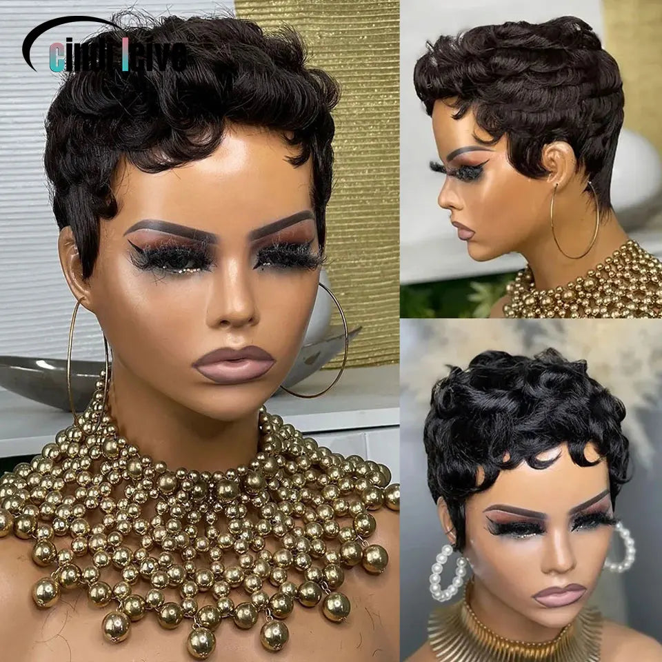 Hair Extensions and Wigs
Curly Pixie Cut Short Wigs For Black Women Natural Black Glueless Wig Peruvian Remy Human Hair Bob Full Machine Made Wigs 150%