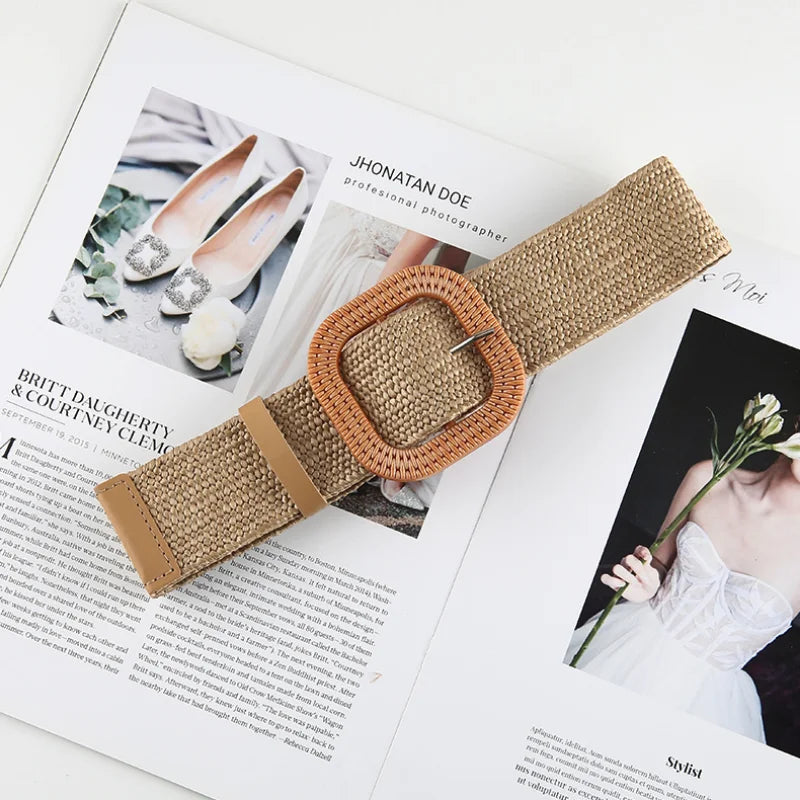 Belts Korean Fashion Women Grass-like Belts Woven Wide Simple Round Button Belt Cotton Linen Elastic Woven High Elastic Dress Belt