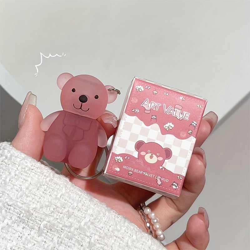 Makeup Cute Bear Velvet Lip Mud, Art Value Soft Matte Makeup Lip Glaze, Low-Saturation Shade, Frosted Tube With Keychain Design