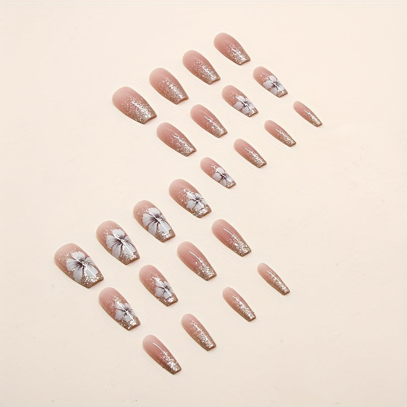 Nails
24pcs Camellia Press On Nails, Coffin Fake Nails Medium Length French Tips Acrylic Nails Exquisite Design Full Cover Glitter Sequins Stick On Nails False Nails With Glue Sticker And Nails File For Women