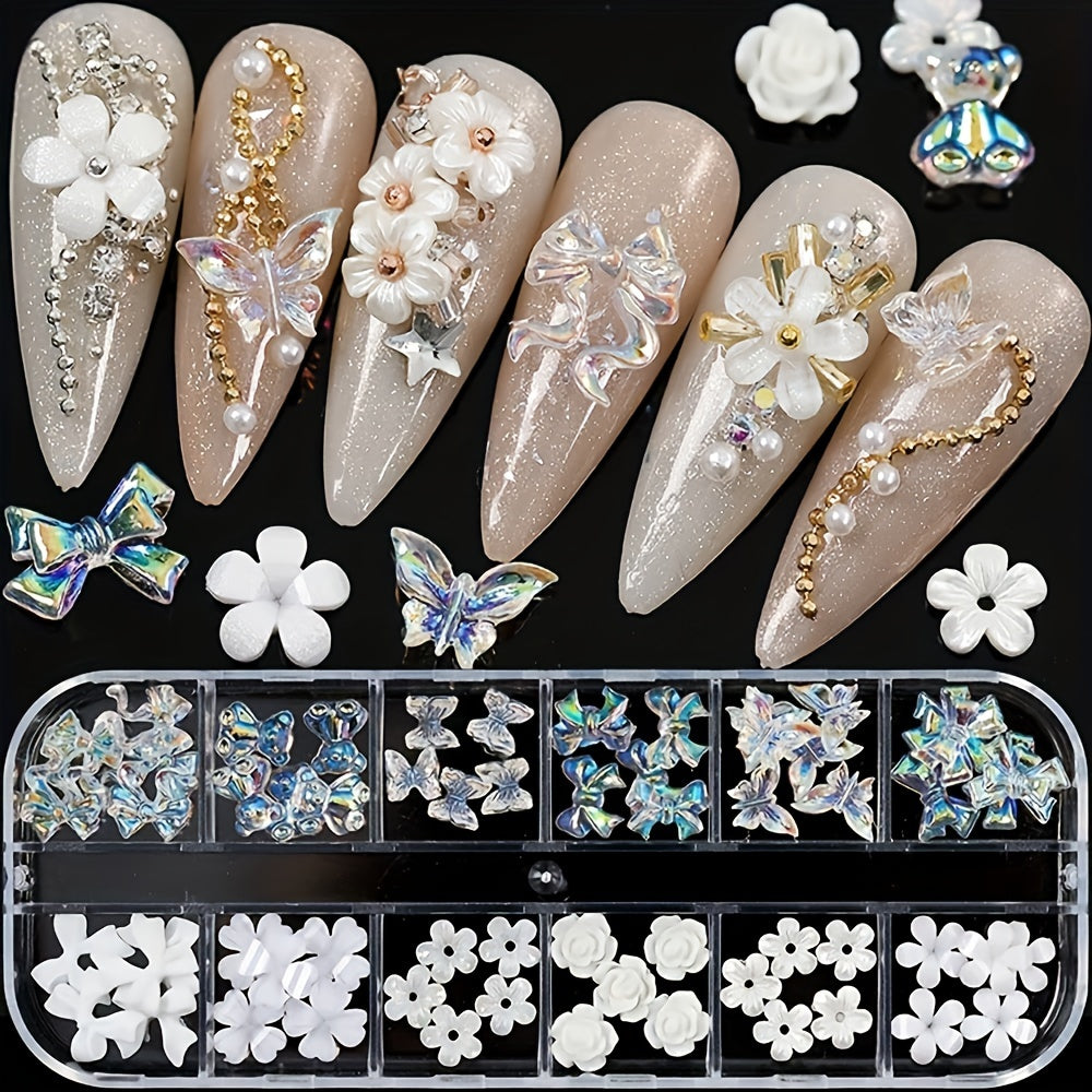 Nails
12 Grid 3D Aurora Skirt Butterfly Bowknot White Flowers Acrylic Nail Art Rhinestone Decorations Manicure