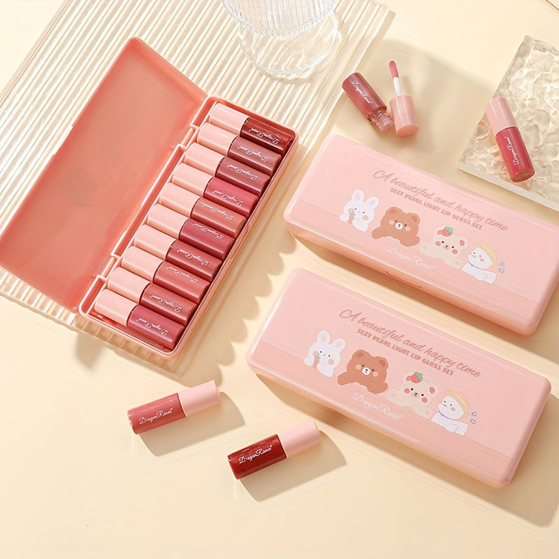 Makeup 10pcs Cartoon Moisturizing Mirror Lip Glaze Set, Waterproof Long-lasting Moisturizing Liquid Lipstick, Not Easy To Fade - The Perfect Birthday Gift, Women's Valentine's Day Gift, Gift Box