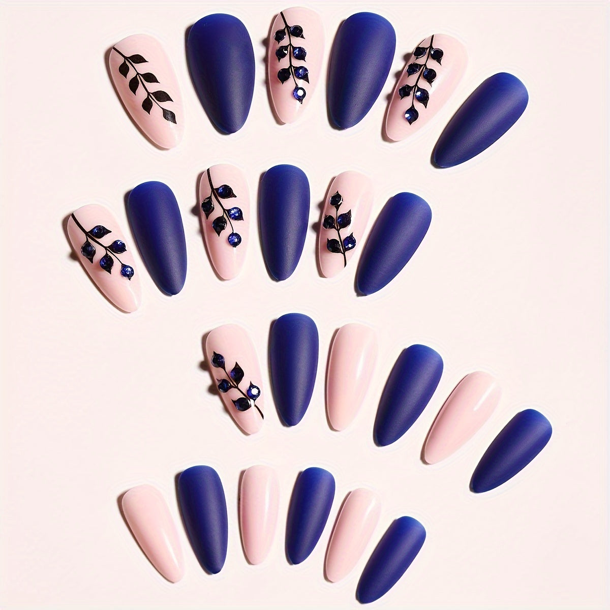 Nails
24pcs Almond Shaped Press On Nails Set for Women & Girls - Short Length, Blue & Nude Tone, Glossy Finish with Glitter Plant Pattern - Full Coverage False Nail Kit