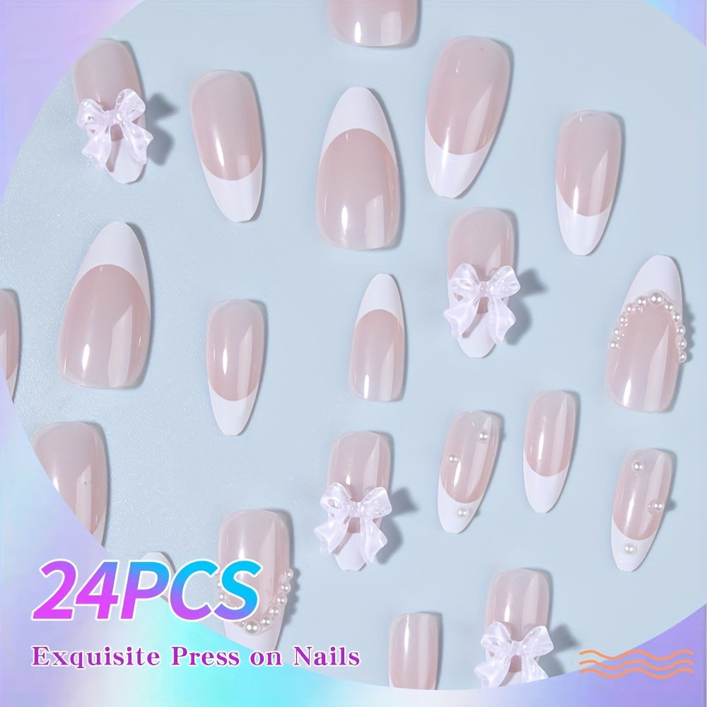 Nails
Medium Almond Press On Nails With Pearls, French Tip Fake Nails,Full Cover Bowknot False Nails For Women And Girls Including Nail File And Jelly Glue