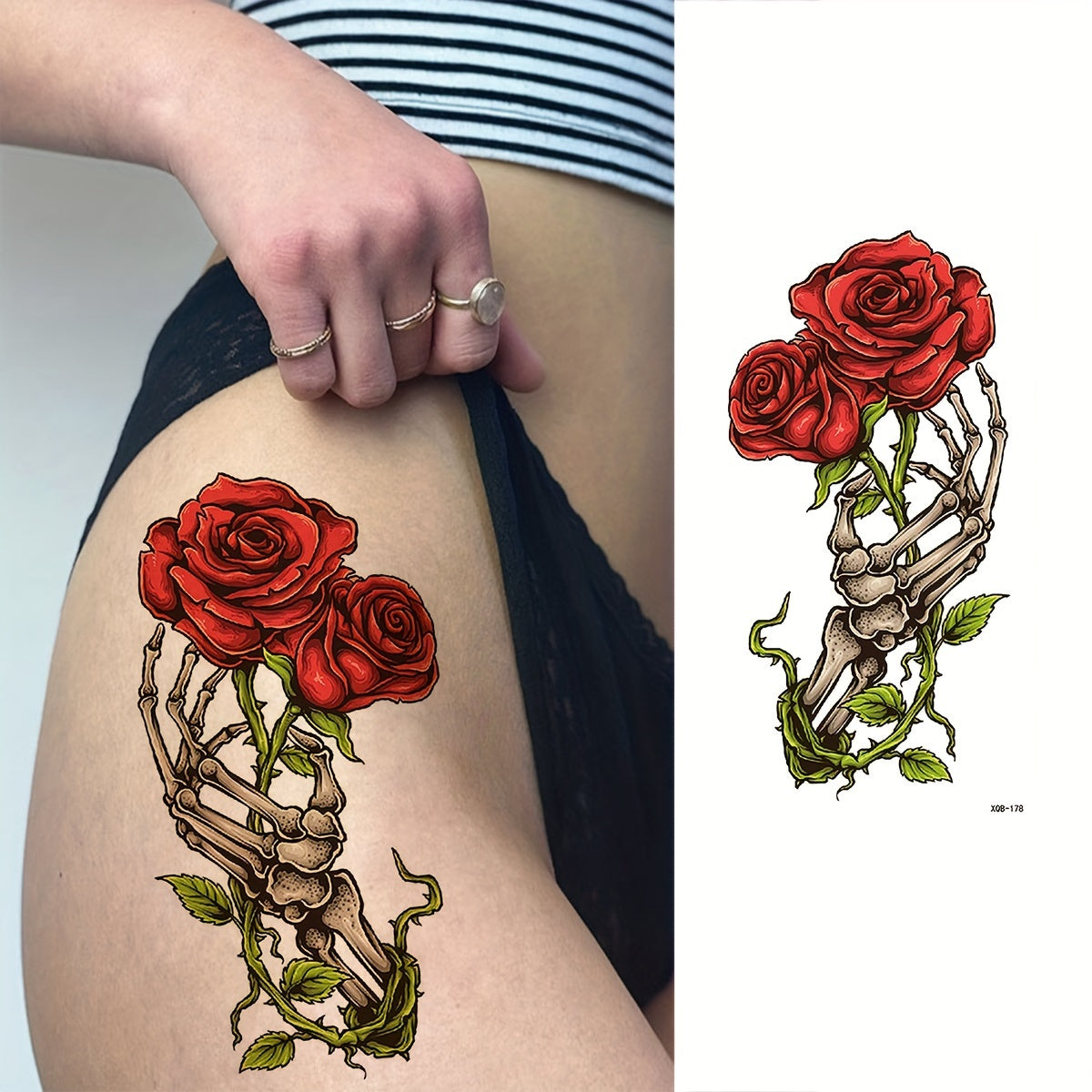 Temporary Tattoo Stickers, 1 Sheet, Halloween Cool Skeleton Hand with Roses Design, Realistic Waterproof Temporary Tattoos Lasting 1-3 Days, Oblong Shape