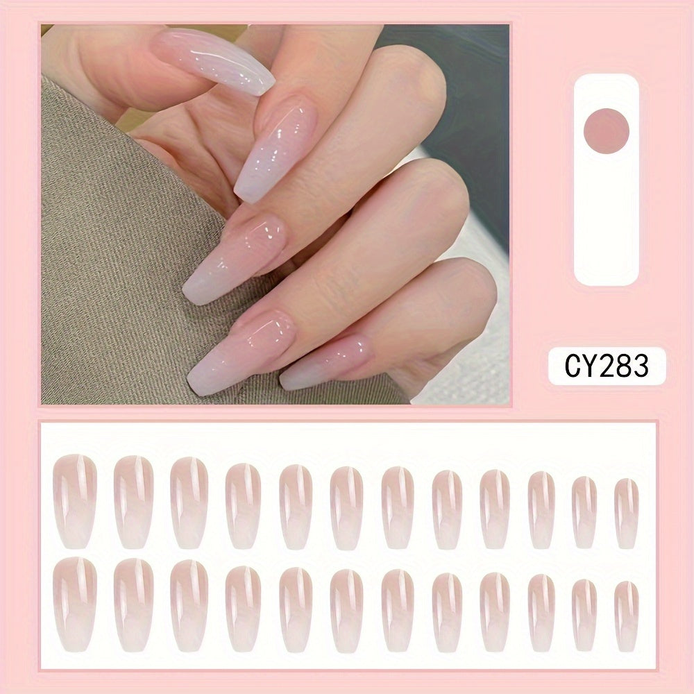 Nails
24 Pcs Glossy Medium Long Coffin Fake Nails Gradient Pinkish And White French Style False Nail Reusable Press On Nails