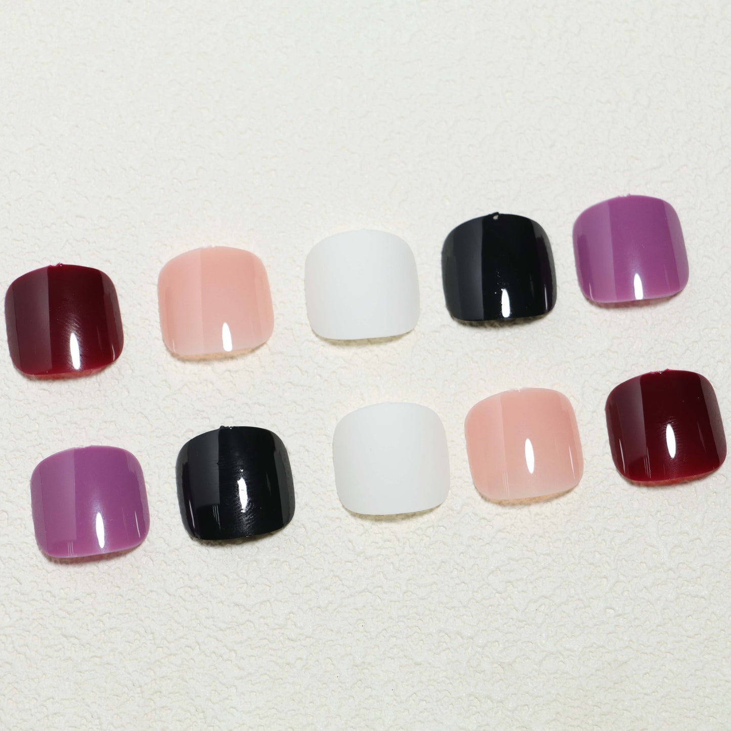 Nails
120 Pcs Press-On Toe Nails: 5 Colors, 4 Glossy, 1 Matte, Square Shape, Short Length, Solid Color Design