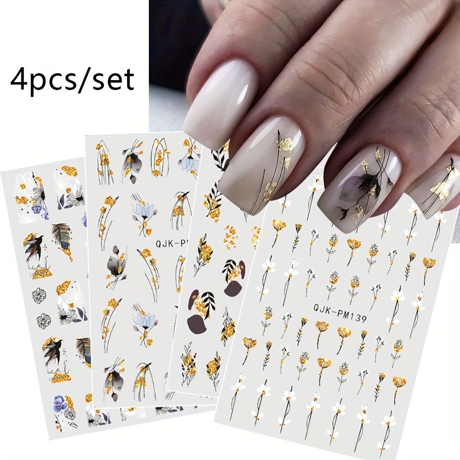 Nails
4pcs Golden Leaves 3D Nail Art Stickers Flowers Leaf Spring Summer Glitter Golden Black Line Nail Decals Nail Salon Manicure Decorations