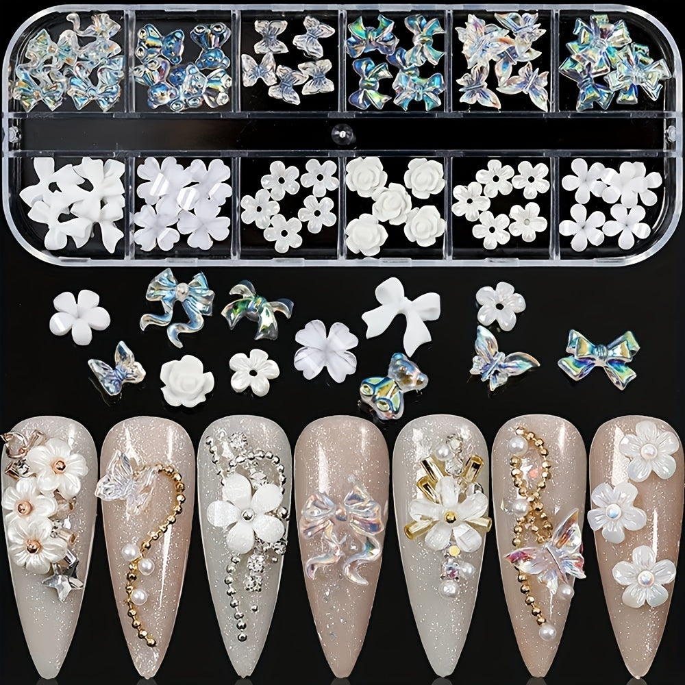 Nails
12 Grid 3D Aurora Skirt Butterfly Bowknot White Flowers Acrylic Nail Art Rhinestone Decorations Manicure