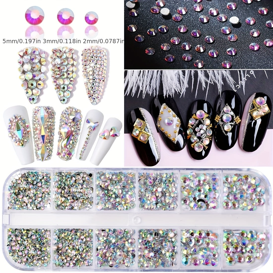 Nails
5 Boxes Shiny Colorful Nail Art Rhinestones Multicolor Nail Crystal Gems Stone Kit With Curved Tweezers And A Nail Brush