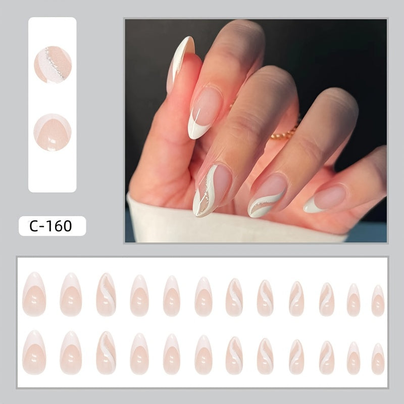 Nails
24pcs White French Tips Press On Nails, Medium Almond Fake Nails With White And Glitter Line Design, Glossy Full Cover False Nails For Women And Girls