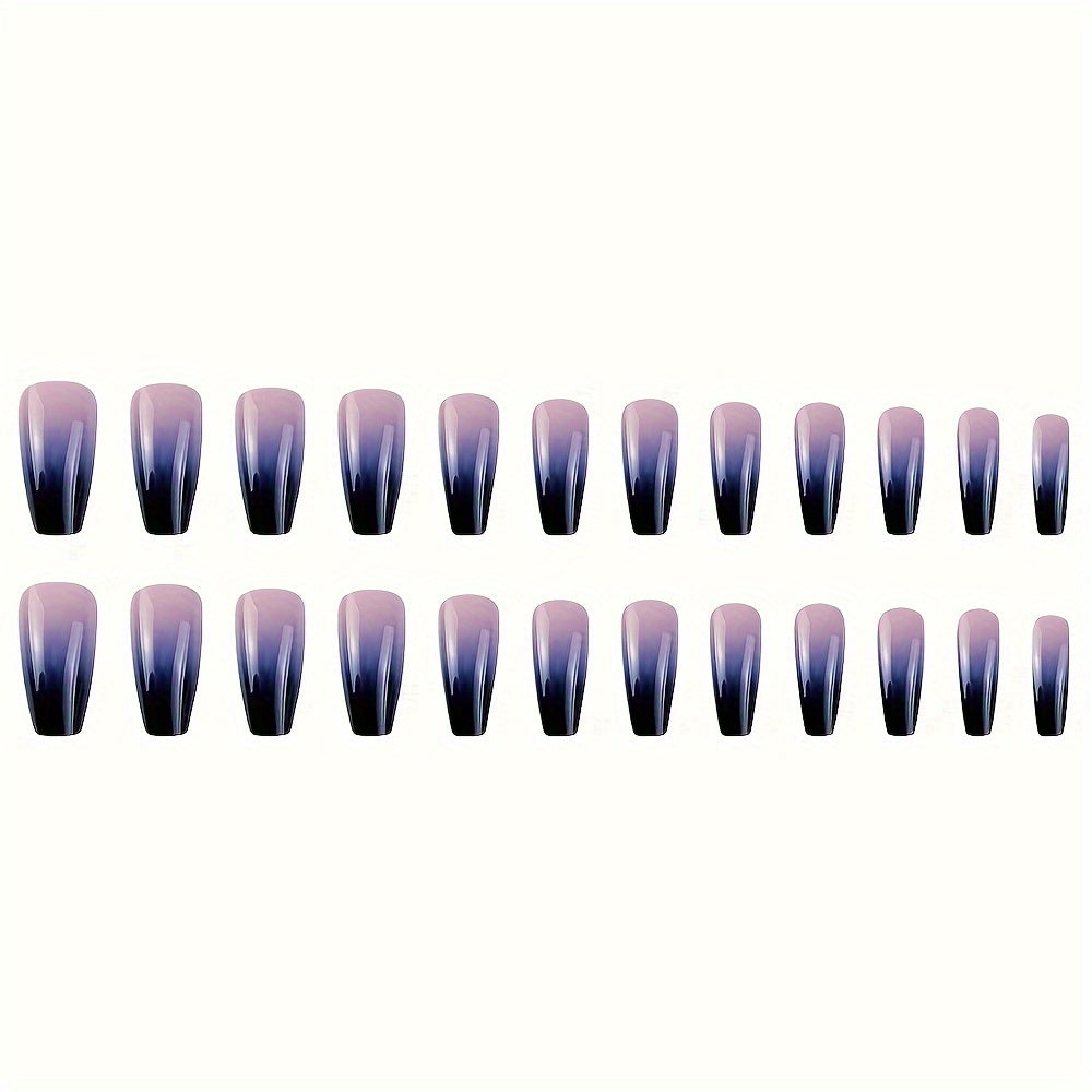 Nails
24Pcs/set Glossy Medium Long Coffin Fake Nails Purple And Black Gradient False Nail French Style Reusable Press On Nails