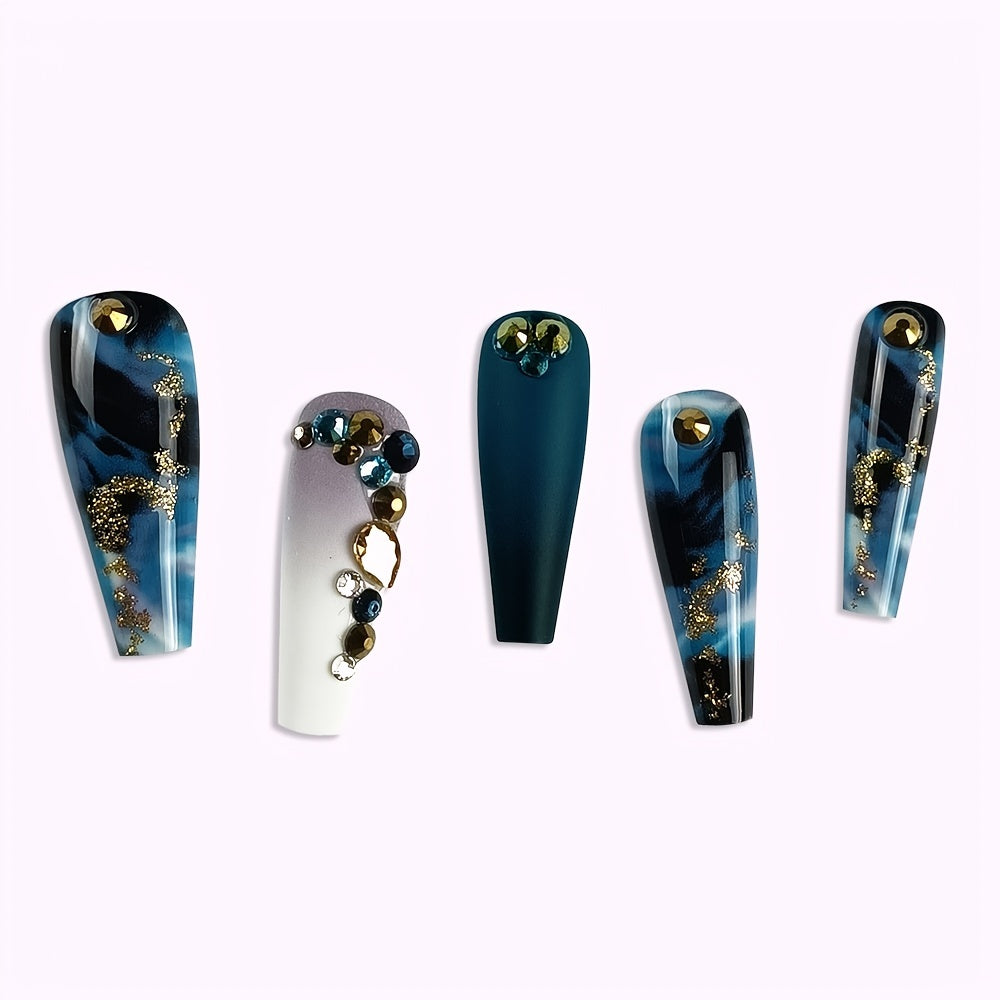 Nails
Long Marbled Fake Nails Rhinestone Coffin Dark Green Press-On Nails Acrylic False Nails With Glue Sticker (24pcs)