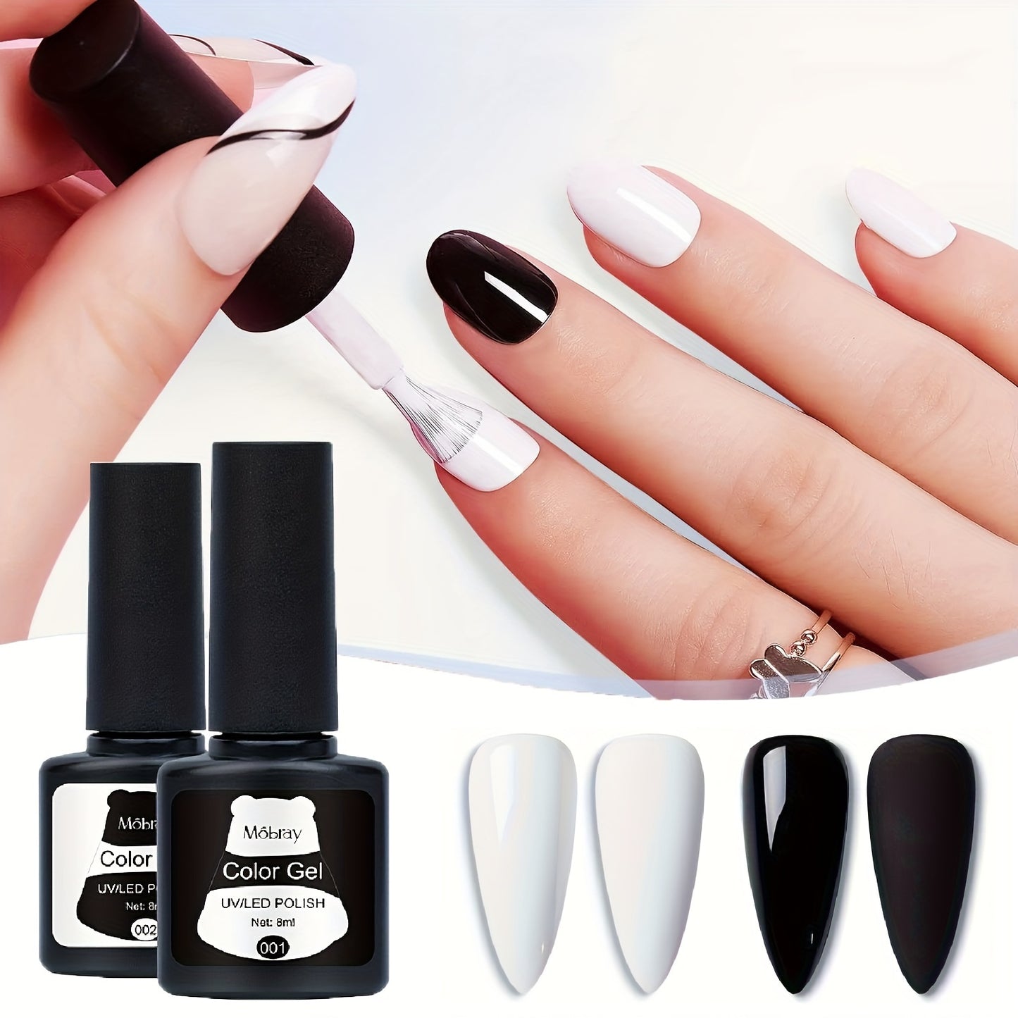 Nails
Möbray 2-Piece Black & White Gel Nail Polish Set, Glossy Finish, Solid Pattern, Hypoallergenic Stiletto Shape UV/LED Nail Art Gel for Salon-Quality Manicures