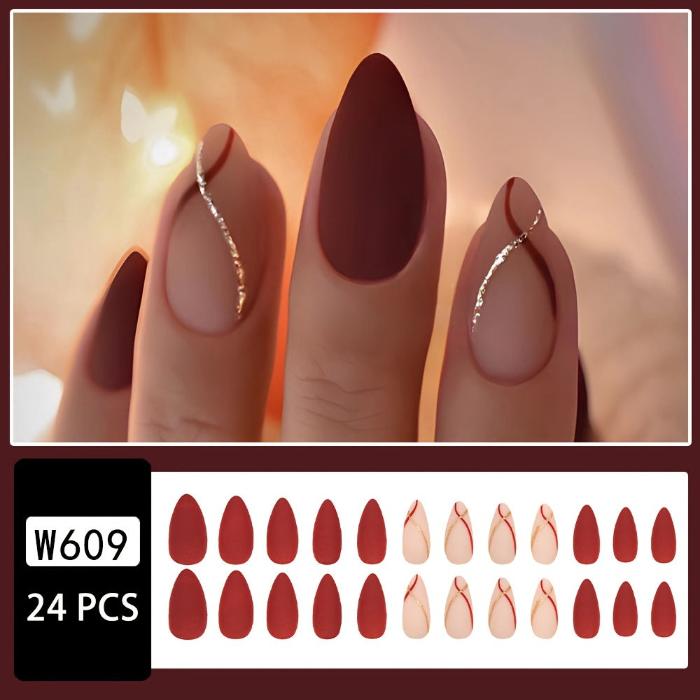 Nails
24pcs/set Red Almond Fake Nails, Press On Nails With Golden And Red Line Design, Light Luxury Style With Glossy Full Cover False Nails For Women And Girls Daily Wear