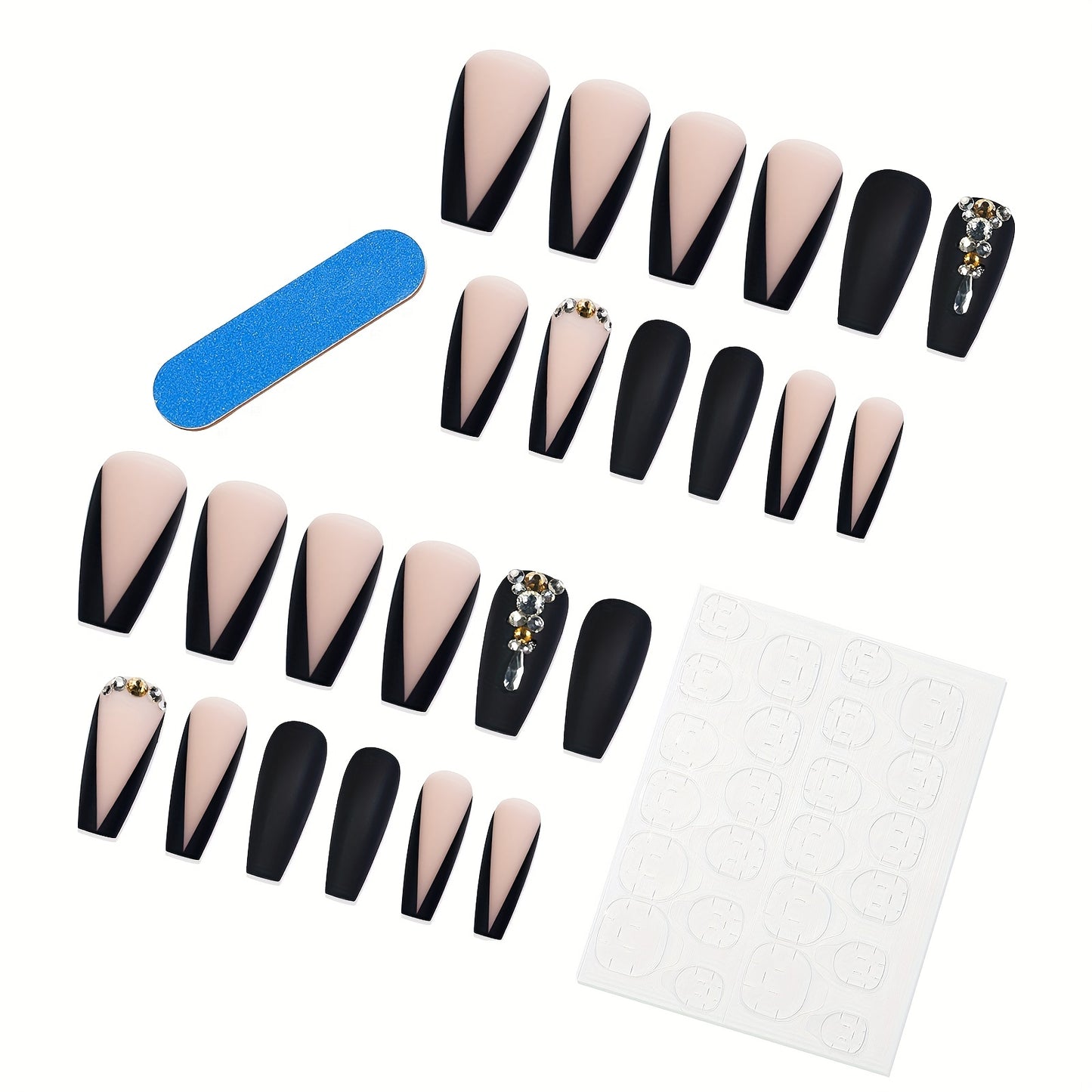 Nails
24Pcs Long Luxury Rhinestone Fake Nails Black French Tips Press On False Nails Natural Full Cover Coffin Artificial Fake Nails For Women Girls, Halloween Nails