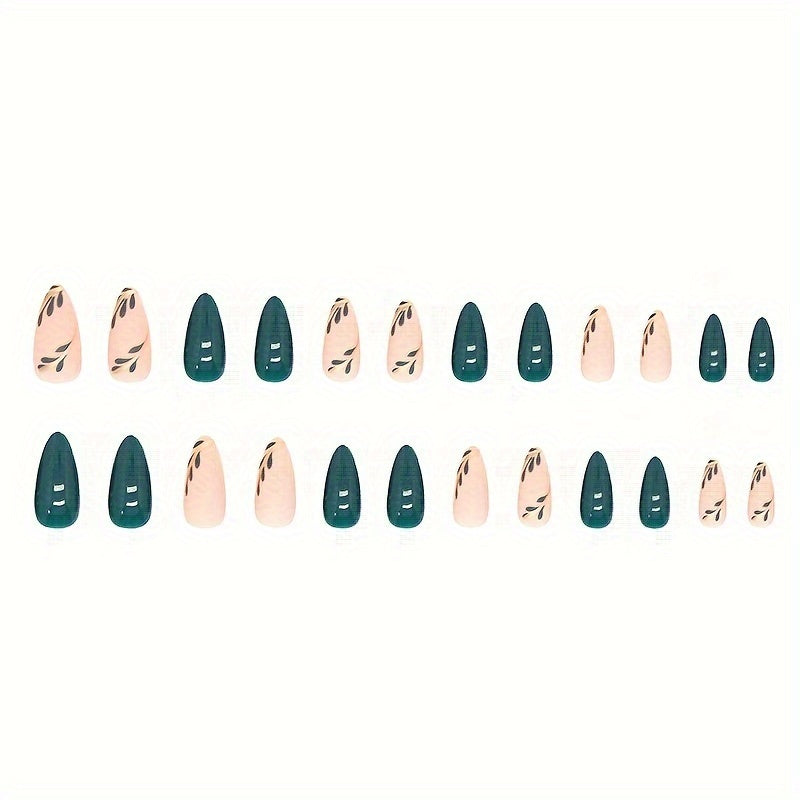 Nails
24pcs Glossy Medium Almond Fake Nails, Green Leaves And Golden Line With Design Press On Nails, Fresh False Nails For Women Girls Fall Nail Decoration