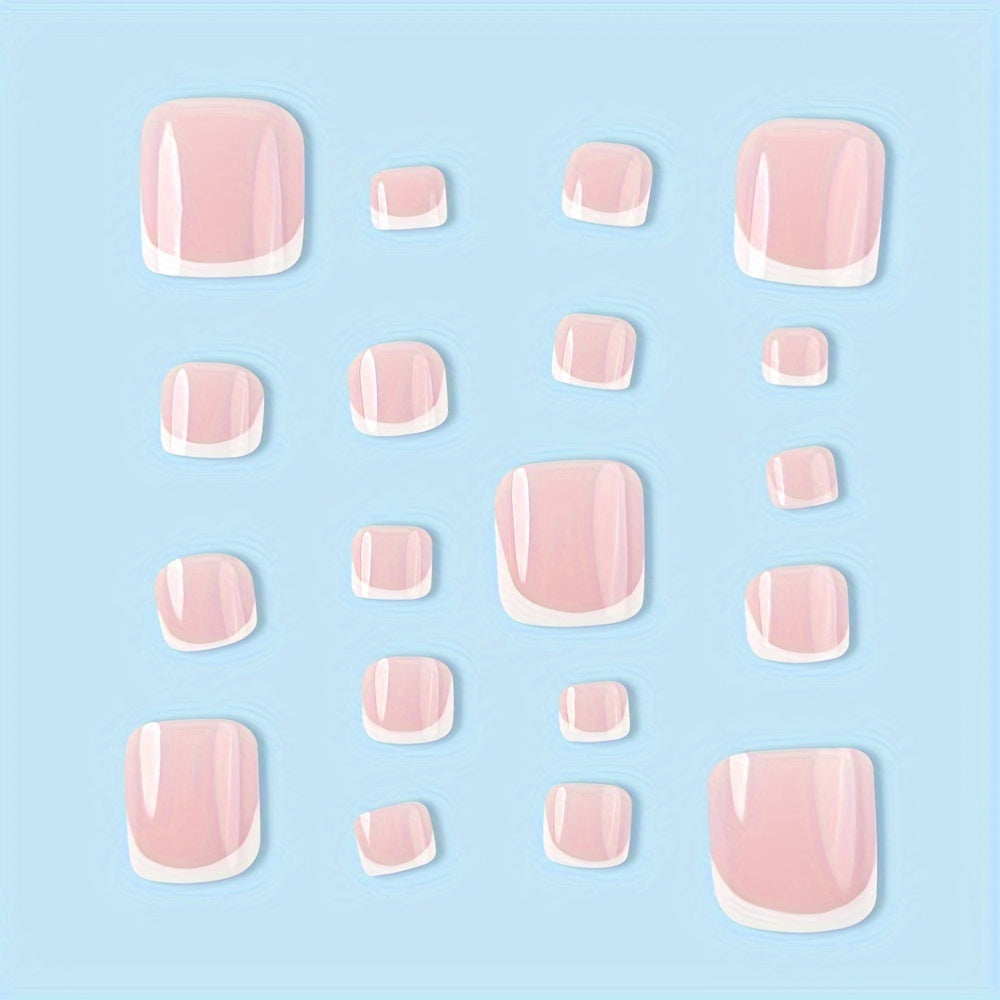 Nails
24pcs Chic French-Style Press-On Toenails - Glossy White & Pink, Reusable Square Fake Nails For Women And Girls