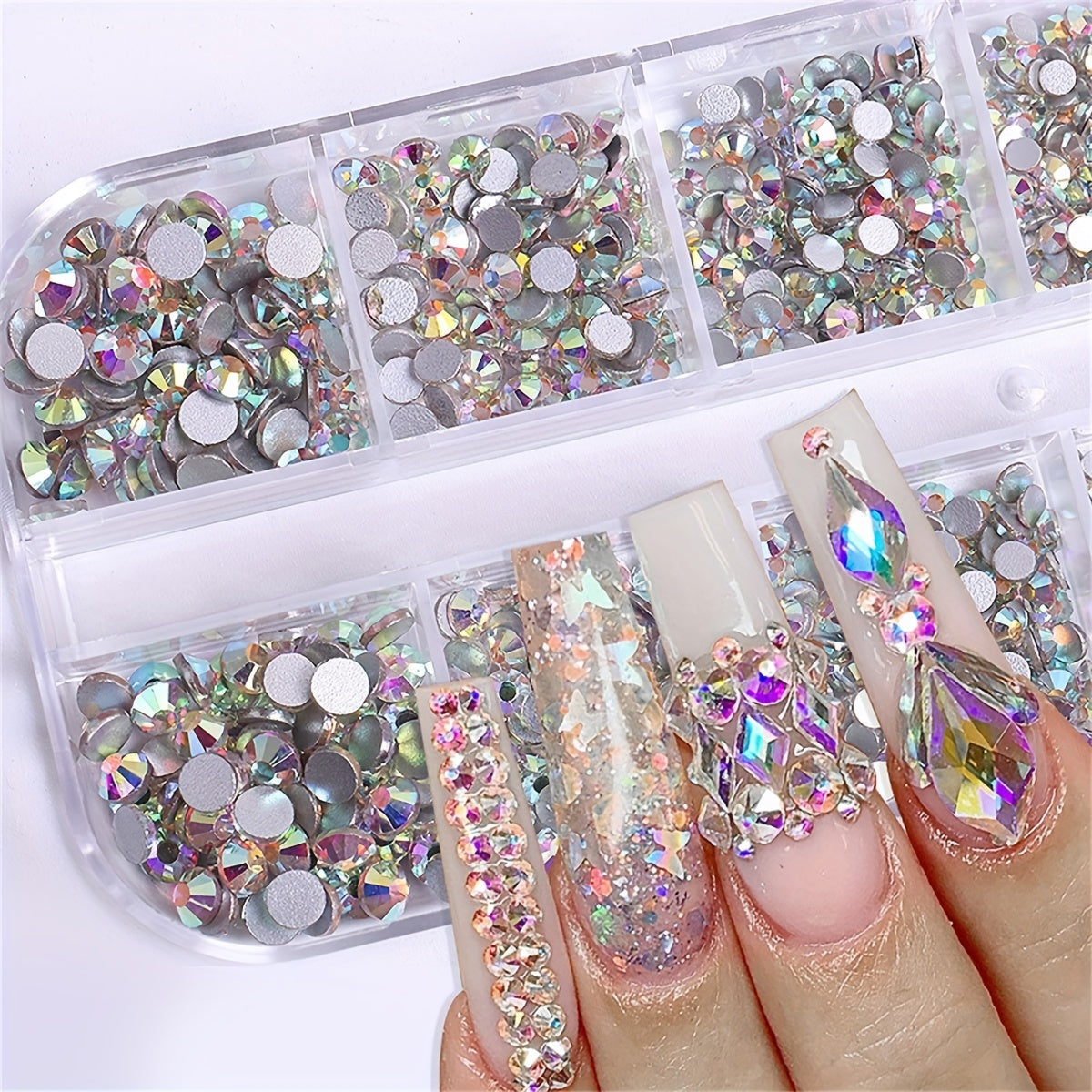 Nails
12-Grid Nail Art Rhinestones Box, Round AB & White Flatback Rhinestones, 3D Nail DIY Art Decorations, Mixed Sizes For Clothing, Phone Cases, Fabrics, Wood, Leather, Paper Crafts