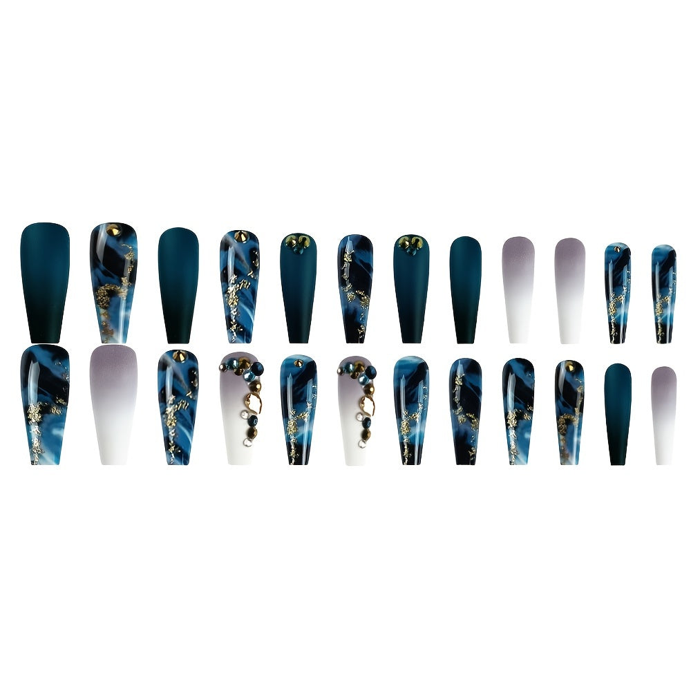 Nails
Long Marbled Fake Nails Rhinestone Coffin Dark Green Press-On Nails Acrylic False Nails With Glue Sticker (24pcs)