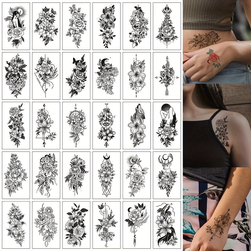 Temporary Tattoos
30pcs Waterproof Black Line Drawing Flowers Temporary Tattoo Stickers For Women Lasts 3-7 Days Perfect For Body Arm Shoulder Art