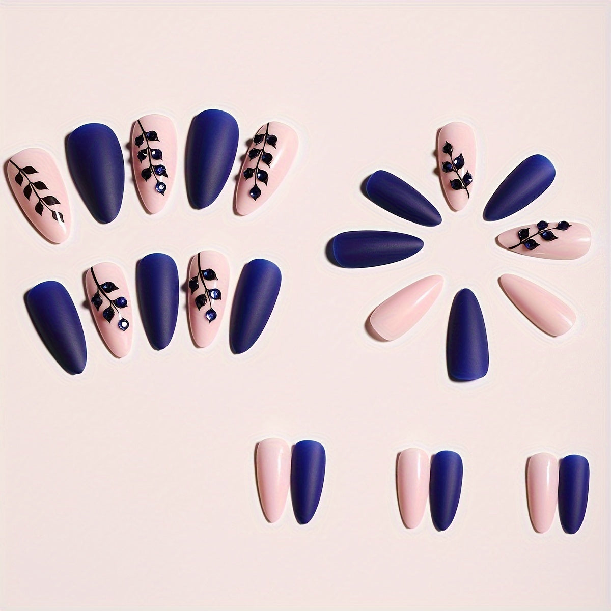 Nails
24pcs Almond Shaped Press On Nails Set for Women & Girls - Short Length, Blue & Nude Tone, Glossy Finish with Glitter Plant Pattern - Full Coverage False Nail Kit