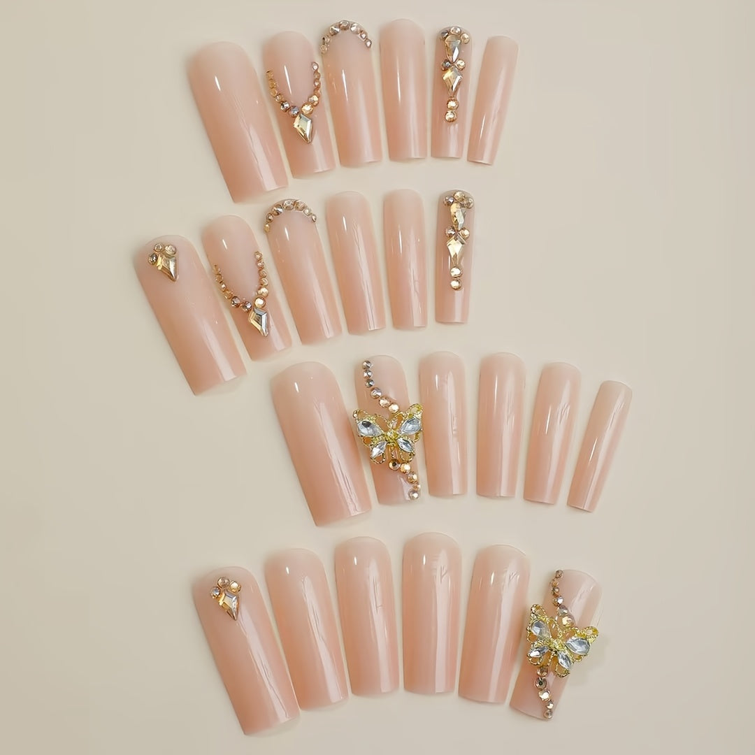 Nails
Super Long Square Shape Nude Nail Tips with Glitter Finish and 3D Butterfly Diamond Accents - 24pcs Glossy Fake Nails Set with Nail File and Tape for Women and Girls