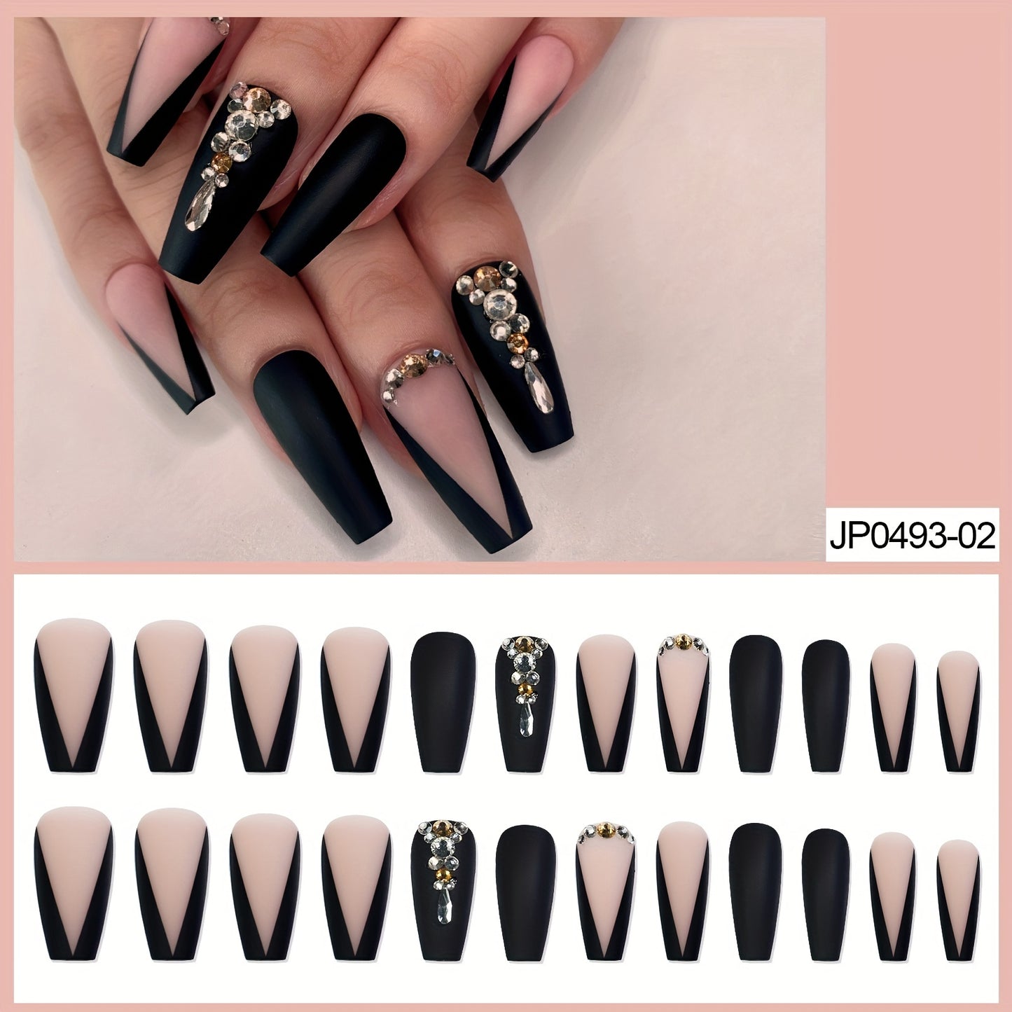 Nails
24Pcs Long Luxury Rhinestone Fake Nails Black French Tips Press On False Nails Natural Full Cover Coffin Artificial Fake Nails For Women Girls, Halloween Nails