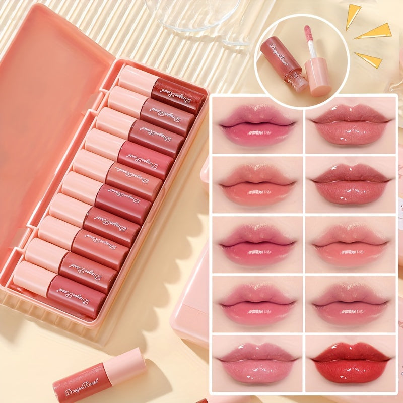 Makeup 10pcs Cartoon Moisturizing Mirror Lip Glaze Set, Waterproof Long-lasting Moisturizing Liquid Lipstick, Not Easy To Fade - The Perfect Birthday Gift, Women's Valentine's Day Gift, Gift Box