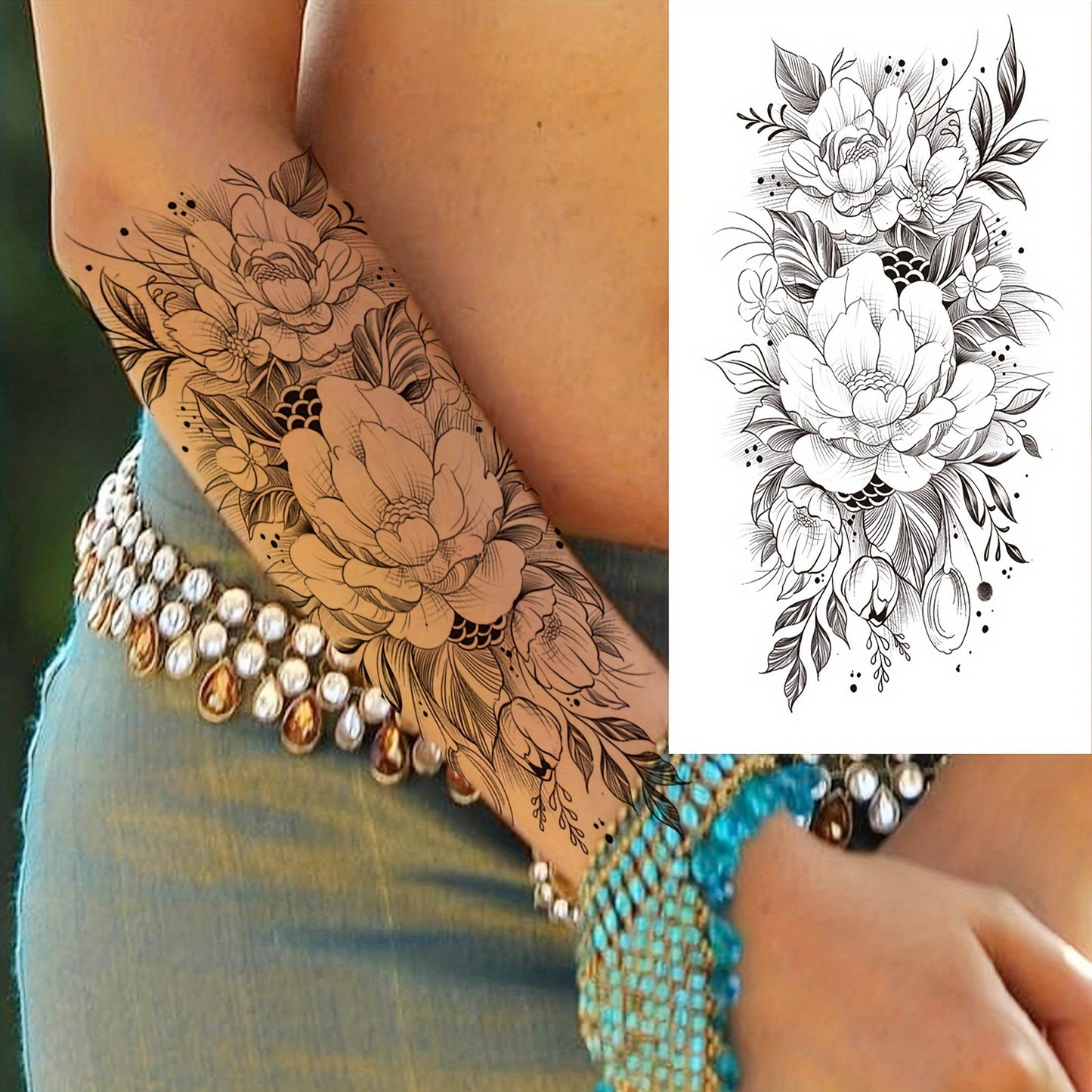 Temporary Tattoos
3D Pencil Sketch Temporary Tattoo Stickers: Lotus Flowers for Women's Arms and Adult Legs - Body Art Painting - Rectangle Shape