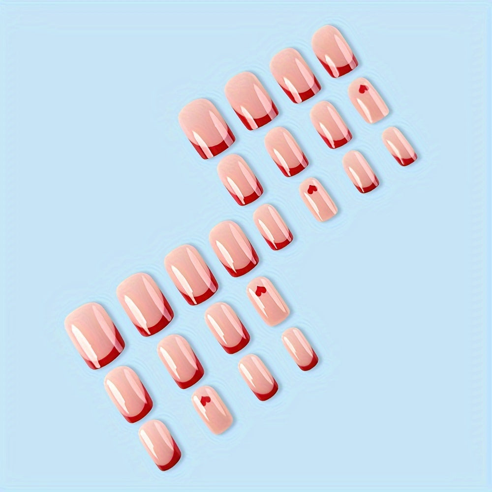 Nails
24 Pcs Medium Square Press-On Nails Set, Pink Heart Stripe French Style, Glossy Artificial False Nails, DIY Manicure Tips, Easy Application for Women and Girls