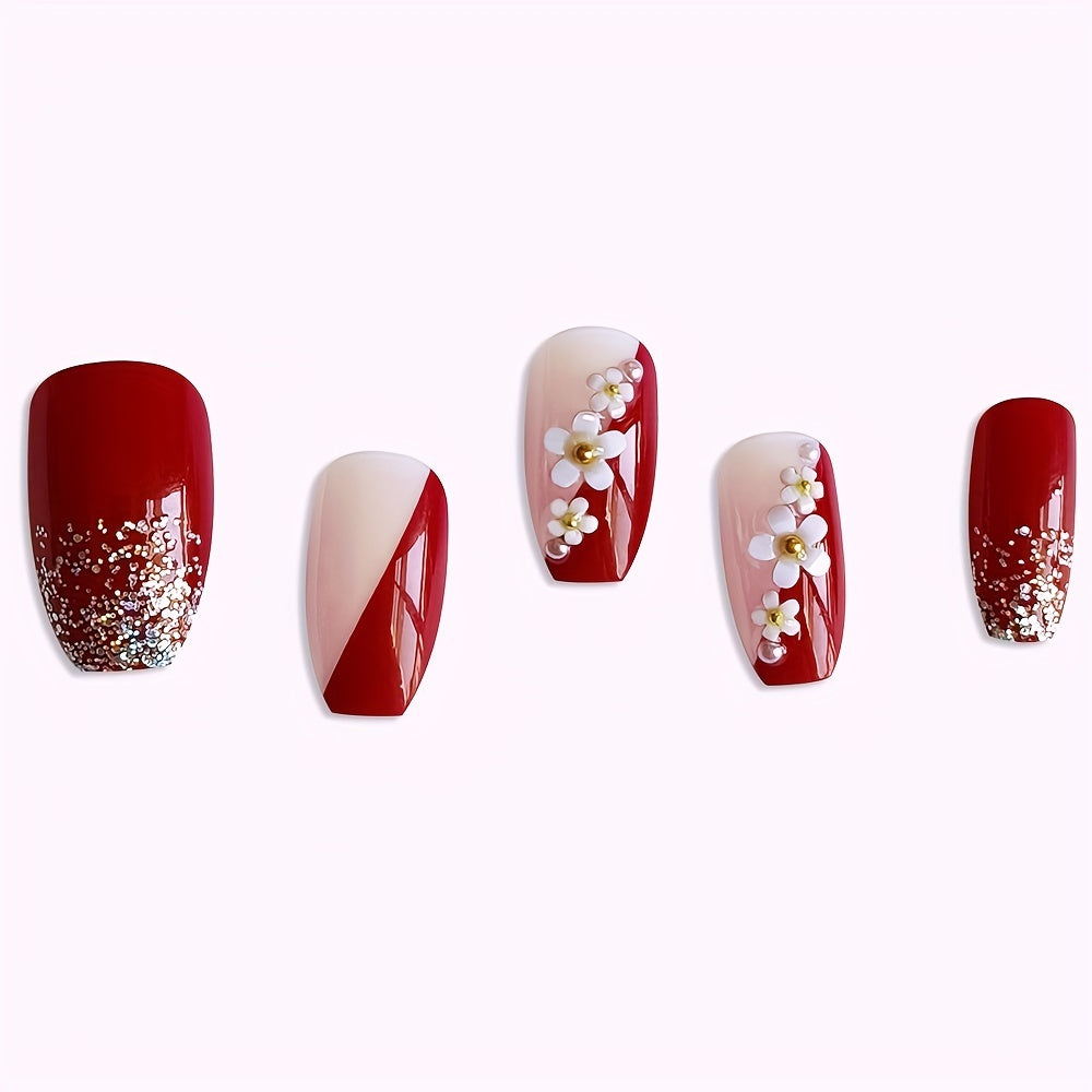 Nails
24pcs Red Press On Nails Medium, Camellia French Fake Nails, Glossy Acrylic Nails Press On Square Glue On Nails False Nails For Women