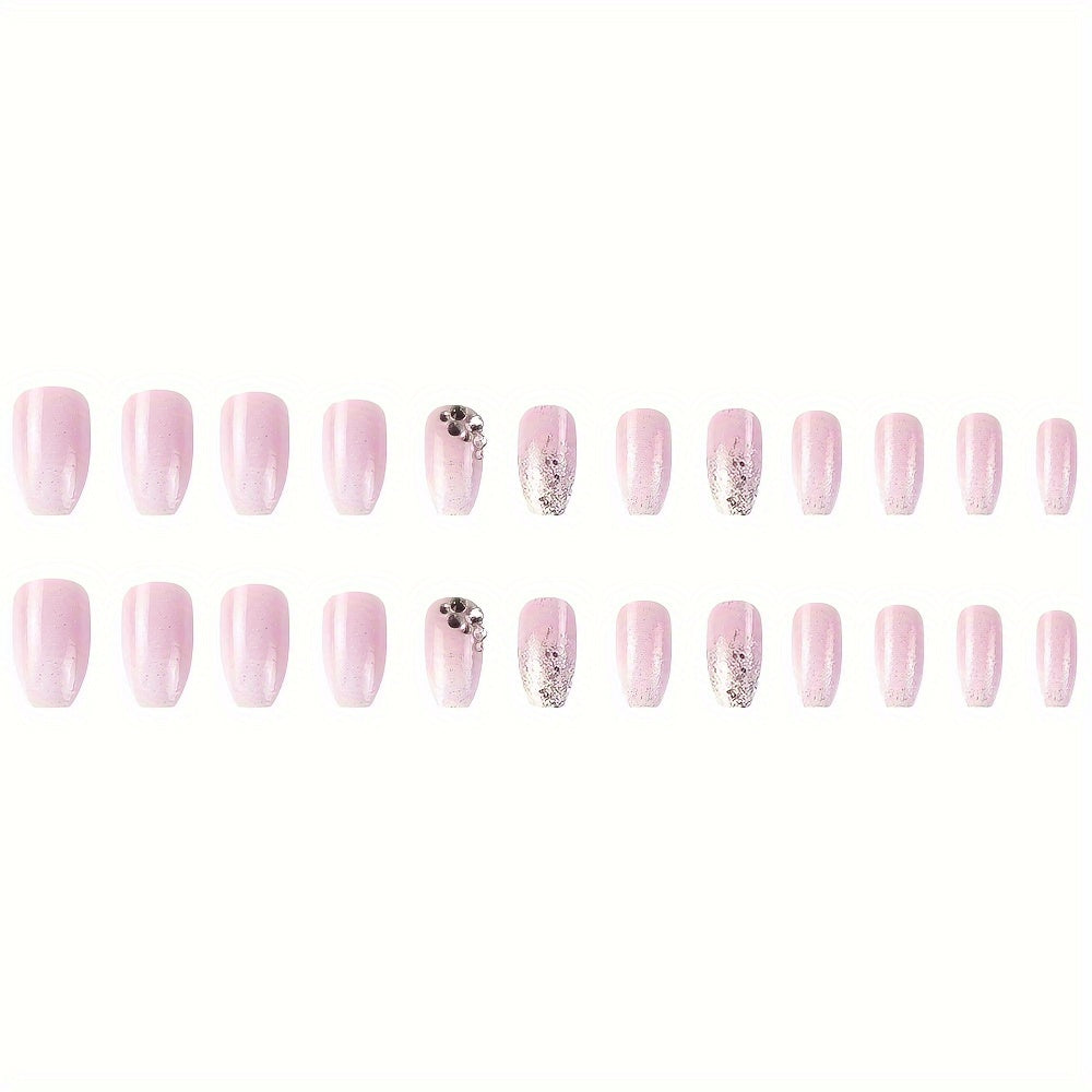 Nails
24Pcs/set Glossy Medium Ballerina Press On Nails Pinkish Gradient And Glitter Elegant Style Fake Nails With Rhinestone Design Shiny Artificial Reusable False Nails