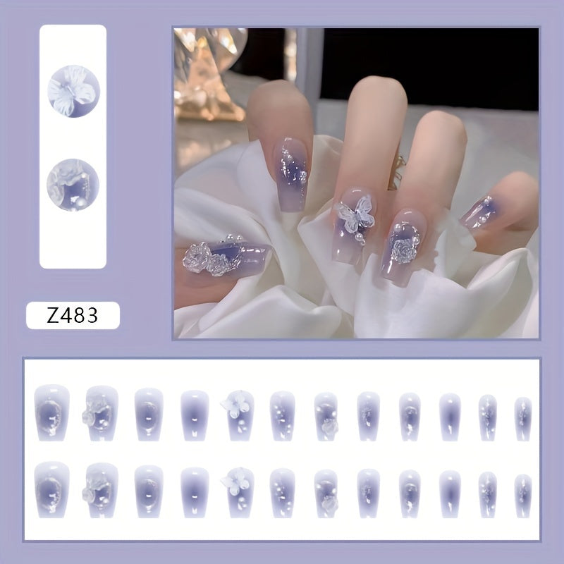 Nails
24pcs Blue Smudged Press On Nails, Beautiful Butterfly, Flower And Faux Pearls With Design Sweet Glossy Long Square Ballet Fake Nails, Full Cover Acrylic Artificial Nails For Women Girls