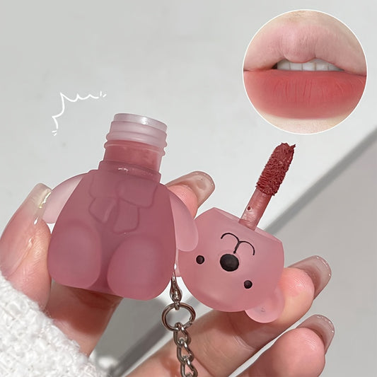 Makeup Cute Bear Velvet Lip Mud, Art Value Soft Matte Makeup Lip Glaze, Low-Saturation Shade, Frosted Tube With Keychain Design