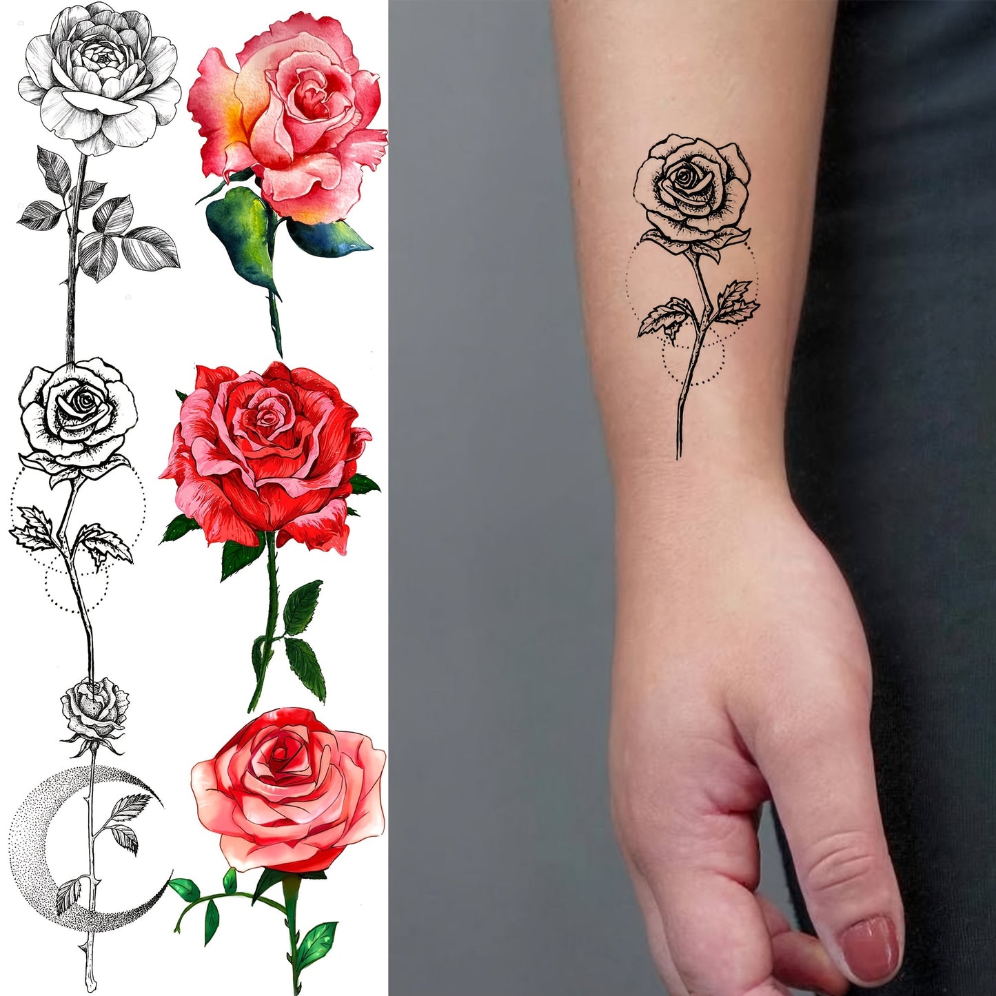 Temporary Tattoos
24 Sheets Red Rose Temporary Tattoos For Women Neck Arm Hands Legs, Waterproof Black Realistic Rose Flower Tattoo Stickers, 3D Peony Floral Body Art Fake Tattoos