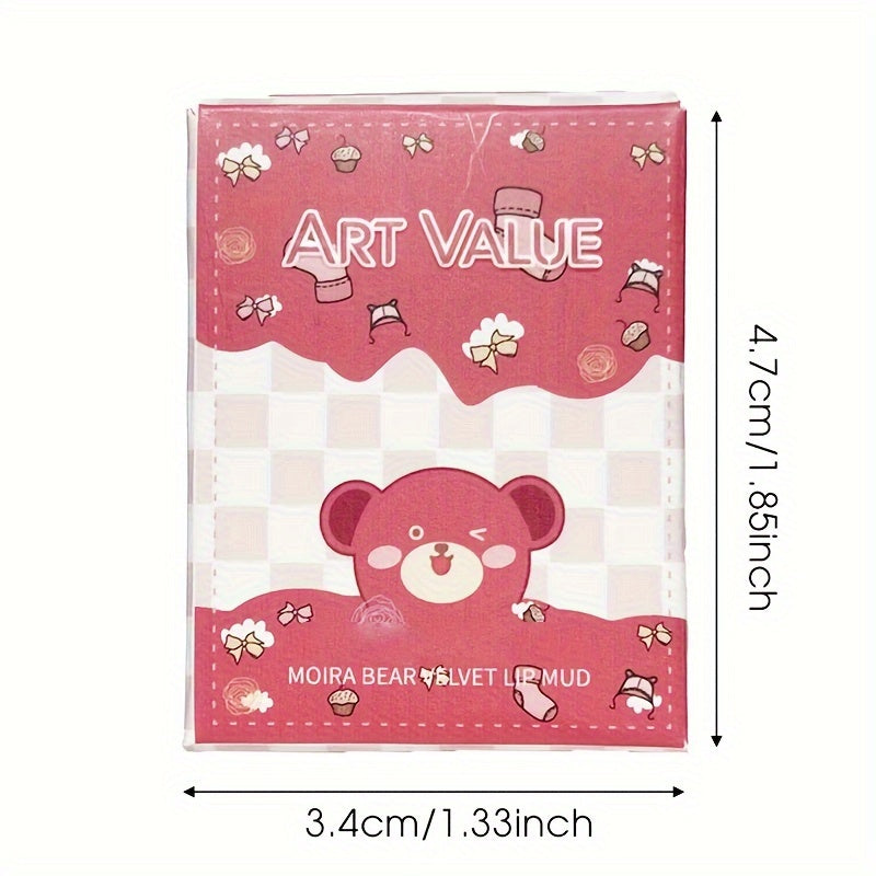 Makeup Cute Bear Velvet Lip Mud, Art Value Soft Matte Makeup Lip Glaze, Low-Saturation Shade, Frosted Tube With Keychain Design