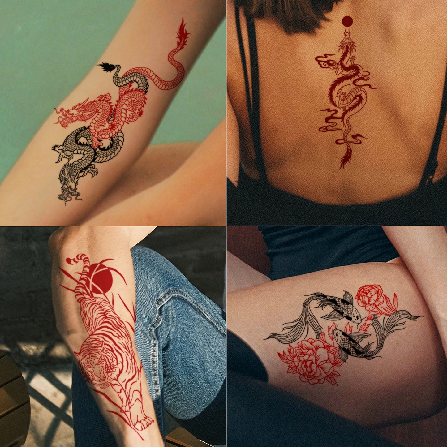 Temporary Tattoos
4 Sheets Tiger, Fish Waterproof Red Dragon And Sun And Cloud Patterns Of Temporary Tattoo Body Art For Women And Men - Lasts 2-5 Days