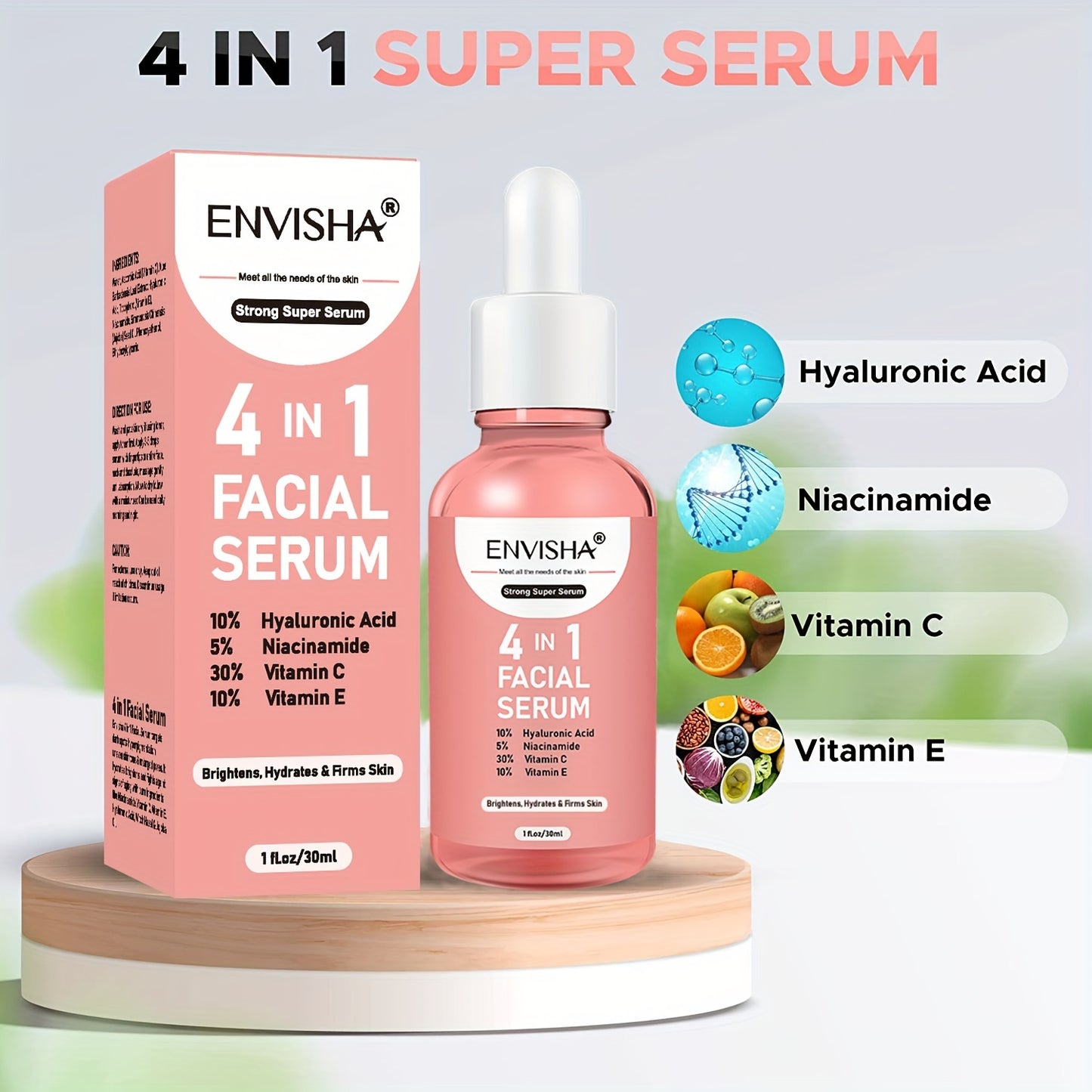 Facial care
30ml 4 In 1 Facial Serum, Contains Hyaluronic Acid, Niacinamide, Vitamin C & E, Moisturizing Nourishing Rejuvenating Facial Skin