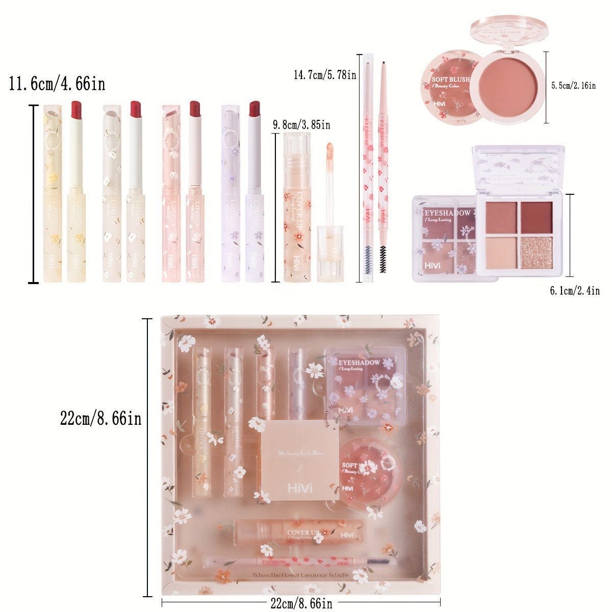 Makeup 8pcs Flower Language Makeup Gift Box, Velvet Lip Gloss Lipstick Blush Powder Eyeliner Pen Eyeshadow Palette Cosmetics Set, Ideal Gift For Mother's Day Makeup Set