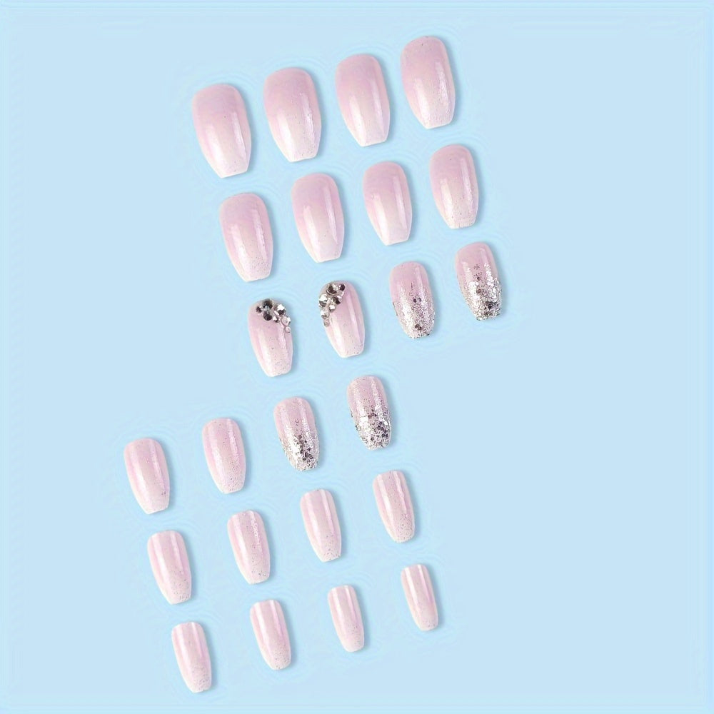 Nails
24Pcs/set Glossy Medium Ballerina Press On Nails Pinkish Gradient And Glitter Elegant Style Fake Nails With Rhinestone Design Shiny Artificial Reusable False Nails