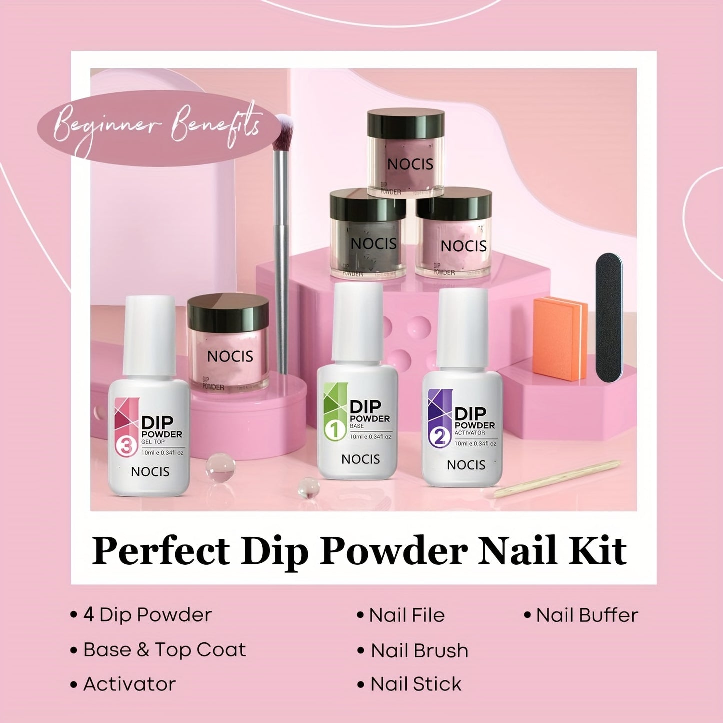 Nails
11-Piece Dip Powder Nail Kit Starter - Perfect for French Manicures & DIY Salons - 4 Colors, Base & Top Coat, & Nail Tools!