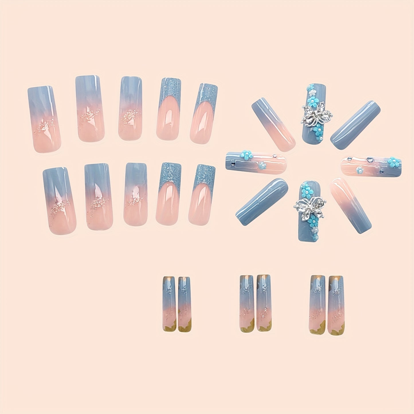 Nails
24pcs Glossy Long Ballerina Fake Nails, Blue Gradient Press On Nails With 3D Flower Butterfly Rhinestone Design, Sparkling Full Cover False Nails For Women Girls for Easter