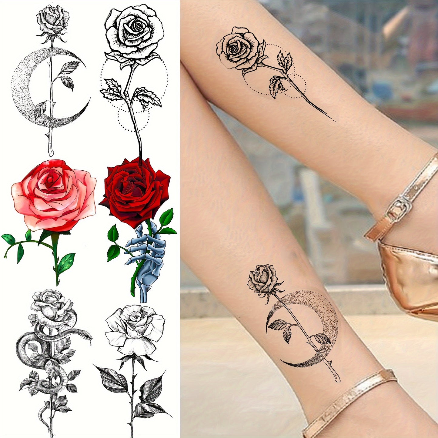 Temporary Tattoos
24 Sheets Red Rose Temporary Tattoos For Women Neck Arm Hands Legs, Waterproof Black Realistic Rose Flower Tattoo Stickers, 3D Peony Floral Body Art Fake Tattoos