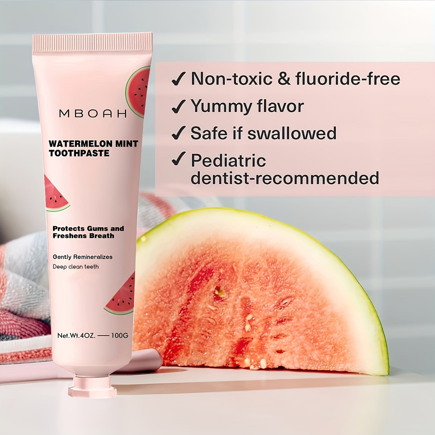 Oral Care
MBOAH Watermelon Mint Toothpaste - Fluoride-Free Cream Formula for Basic Cleaning and Deep Clean, Whitening Care, Fresh Breath, Gum Friendly, Safe if Swallowed - Pediatric Dentist Recommended, 4oz