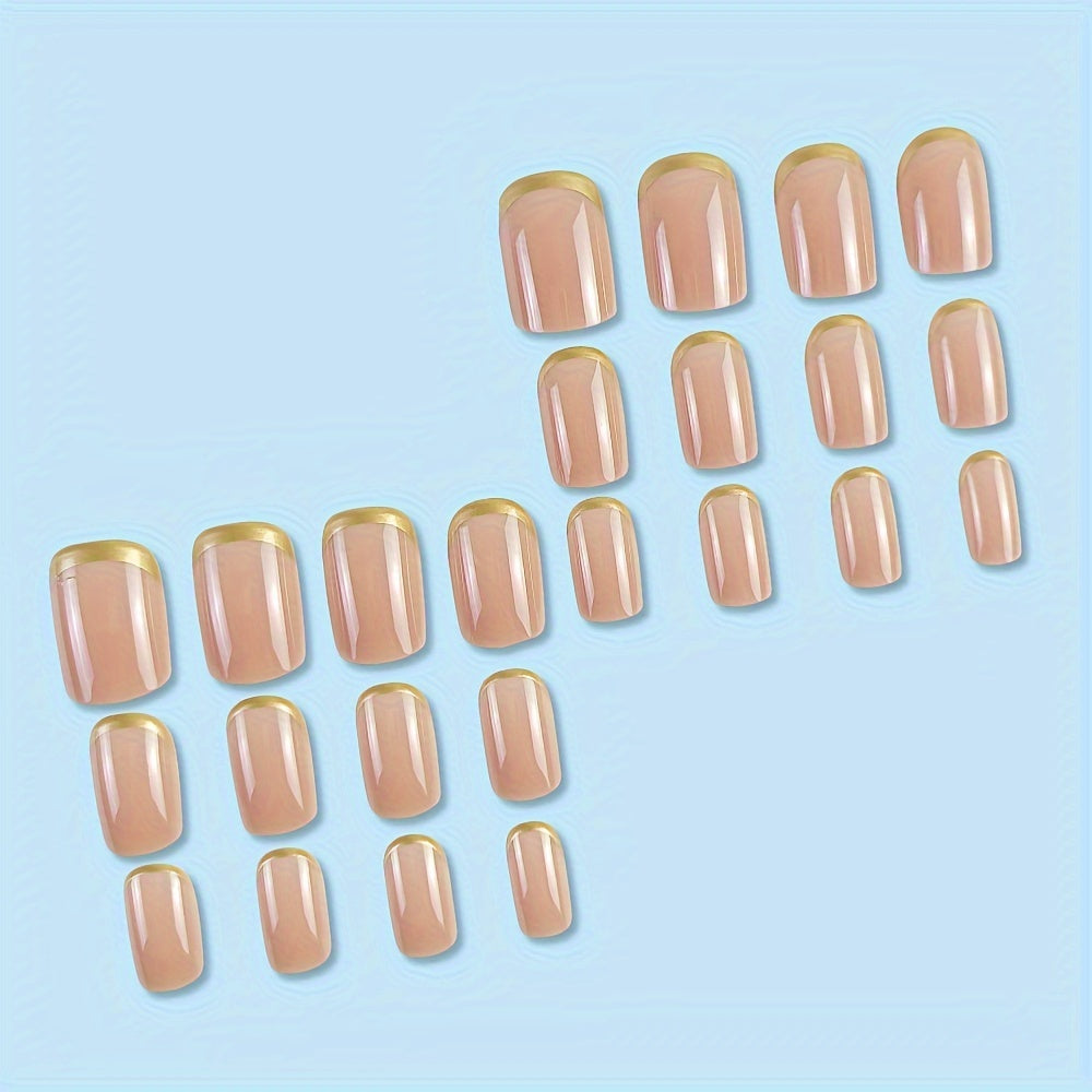 Nails
24-Piece French Tip Press-On Nails Set with Golden Stripe Accent, Glossy Finish, Short Square Shape, Detachable with Jelly Glue & Nail File Included