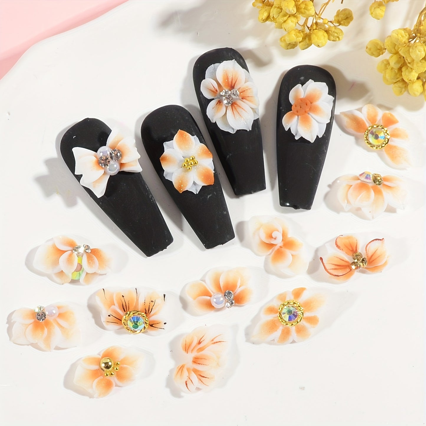 Nails
30pcs Summer Flower Nail Charms Handmade Acrylic Flowers, 15pcs Orange Yellow Flowers with 3D Rhinestone Crystal Acrylic Flowers High-end Pure Handmade Design, Gift for Women's Nail Decoration